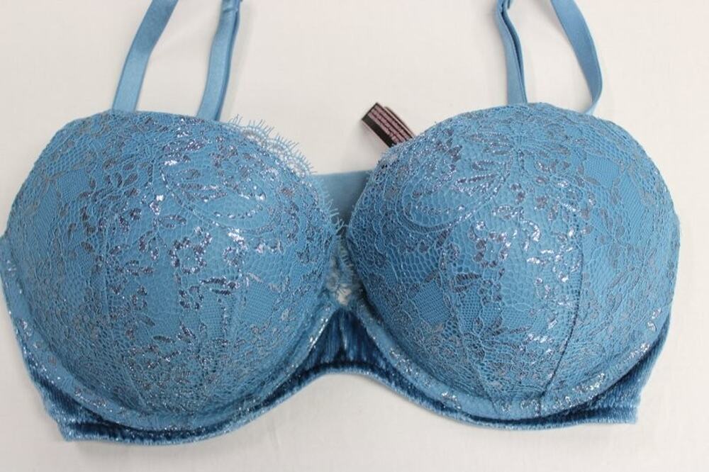 Victoria's Secret Bombshell Very Sexy Push Up Bra 36D Metallic Silver Lace Blue